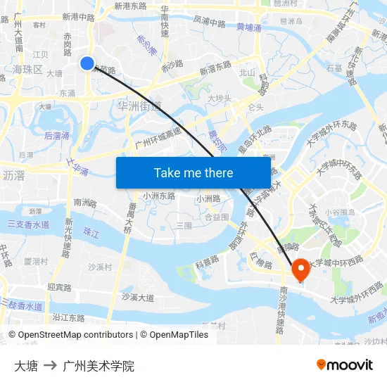 大塘 to 广州美术学院 map