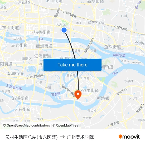 员村生活区总站(市六医院) to 广州美术学院 map