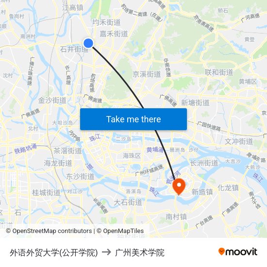 外语外贸大学(公开学院) to 广州美术学院 map