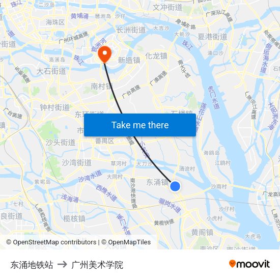 东涌地铁站 to 广州美术学院 map