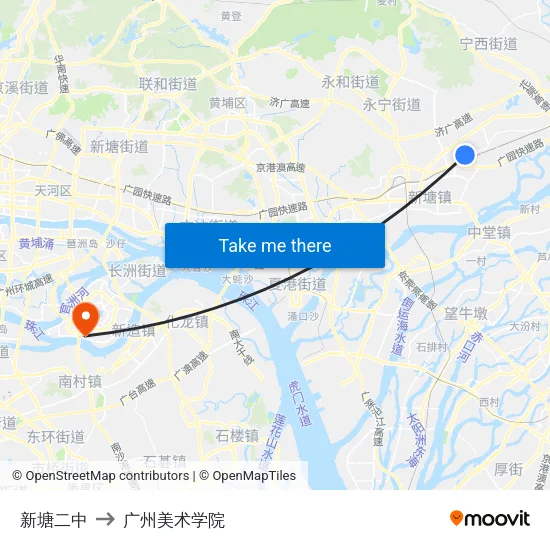 新塘二中 to 广州美术学院 map