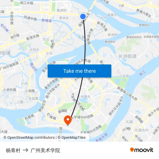 杨青村 to 广州美术学院 map