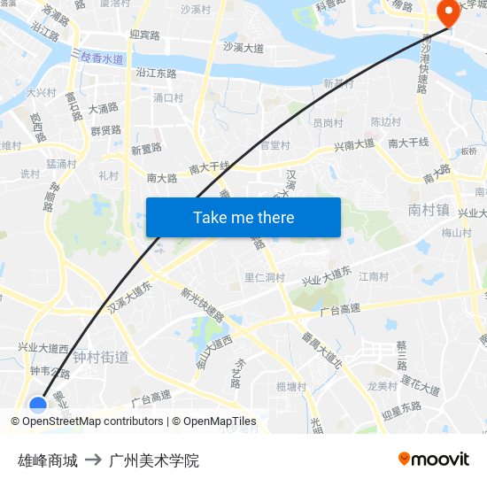 雄峰商城 to 广州美术学院 map