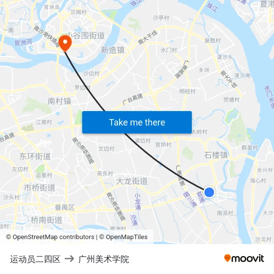 运动员二四区 to 广州美术学院 map