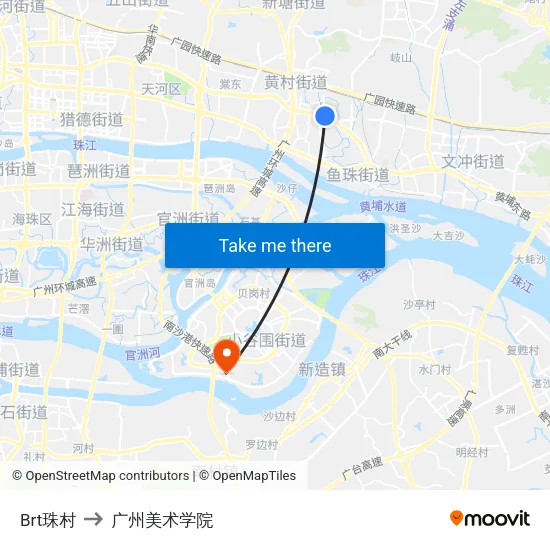 Brt珠村 to 广州美术学院 map