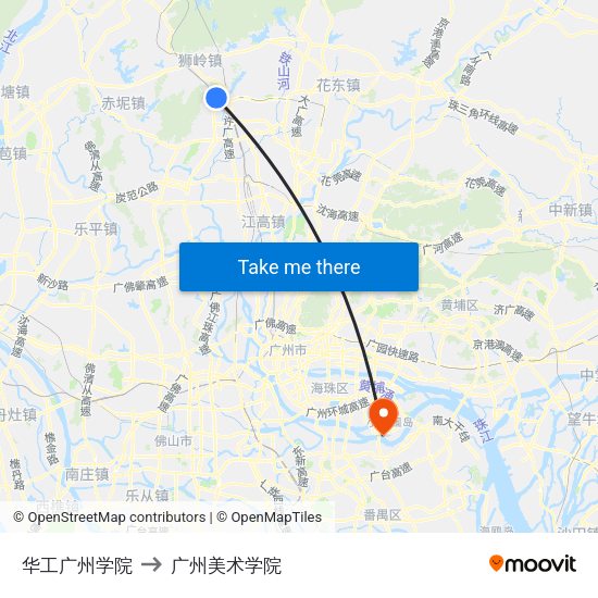 华工广州学院 to 广州美术学院 map