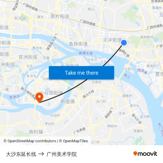 大沙东延长线 to 广州美术学院 map