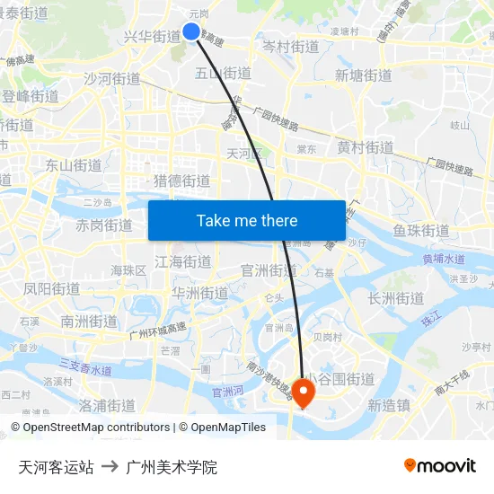 天河客运站 to 广州美术学院 map