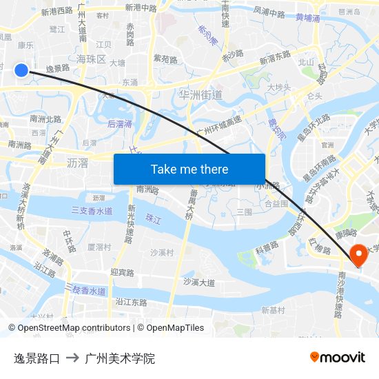 逸景路口 to 广州美术学院 map