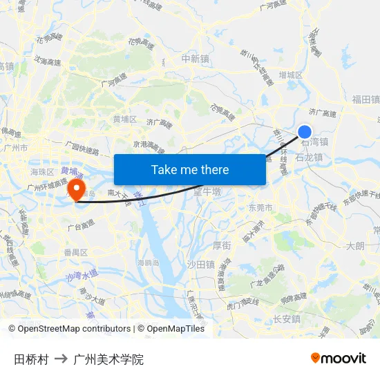 田桥村 to 广州美术学院 map