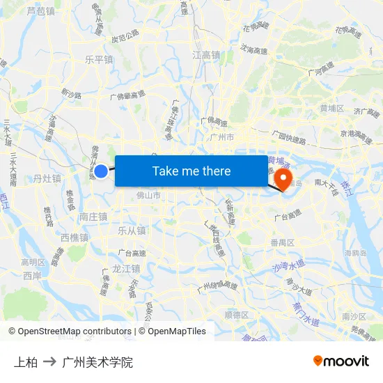 上柏 to 广州美术学院 map