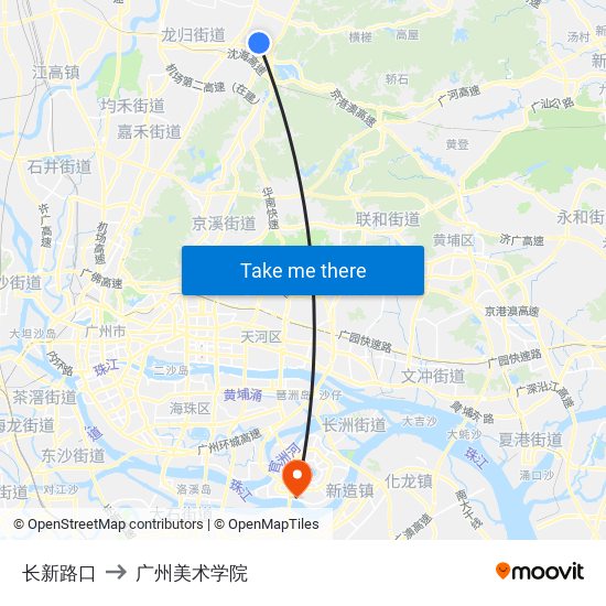 长新路口 to 广州美术学院 map