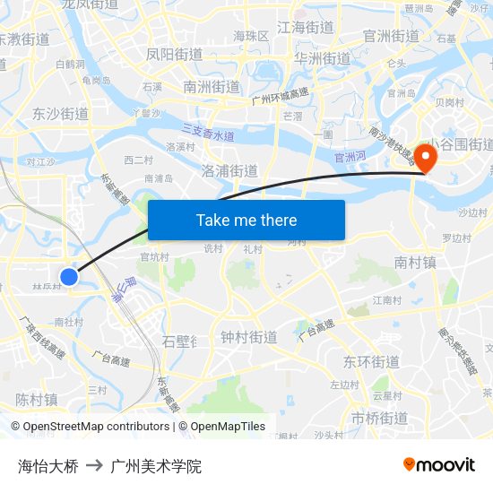海怡大桥 to 广州美术学院 map
