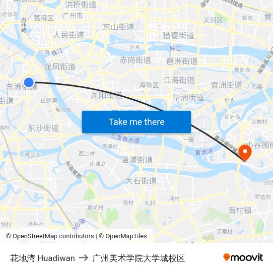 花地湾 Huadiwan to 广州美术学院大学城校区 map
