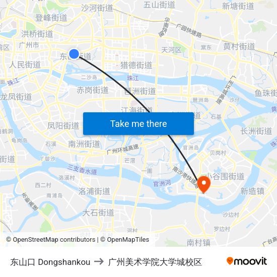 东山口 Dongshankou to 广州美术学院大学城校区 map