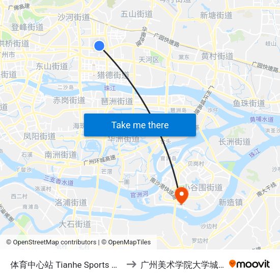 体育中心站 Tianhe Sports Center to 广州美术学院大学城校区 map