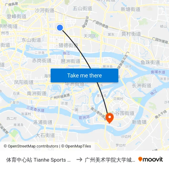 体育中心站 Tianhe Sports Center to 广州美术学院大学城校区 map