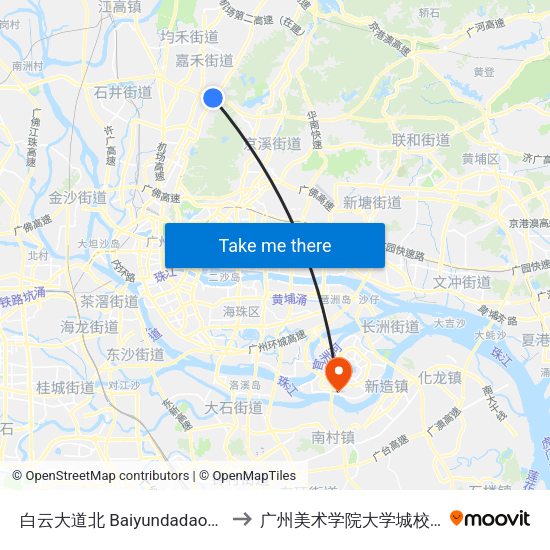 白云大道北 Baiyundadaobei to 广州美术学院大学城校区 map