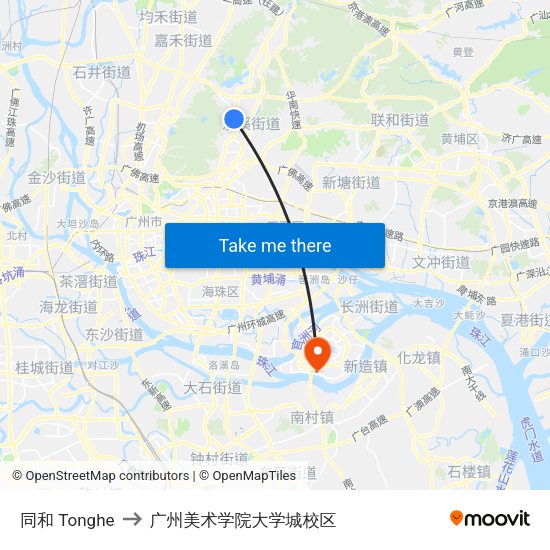 同和 Tonghe to 广州美术学院大学城校区 map