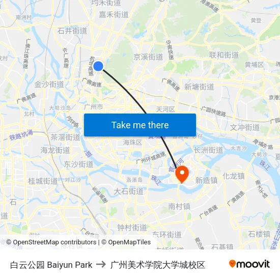 白云公园 Baiyun Park to 广州美术学院大学城校区 map