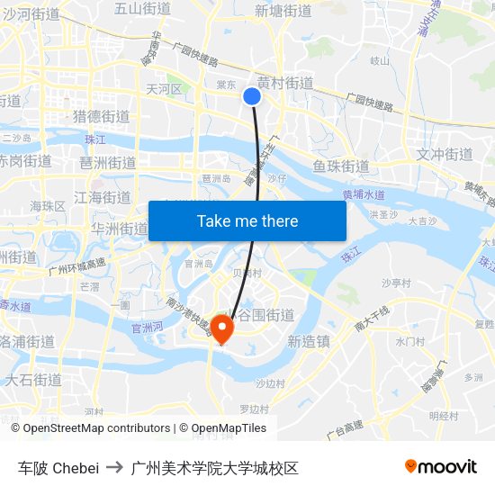 车陂 Chebei to 广州美术学院大学城校区 map