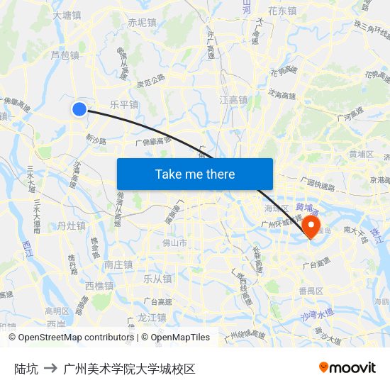 陆坑 to 广州美术学院大学城校区 map