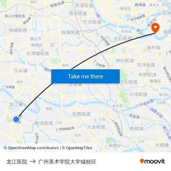 龙江医院 to 广州美术学院大学城校区 map