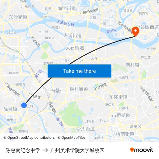 陈惠南纪念中学 to 广州美术学院大学城校区 map