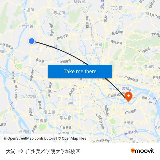 大岗 to 广州美术学院大学城校区 map