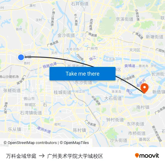 万科金域华庭 to 广州美术学院大学城校区 map