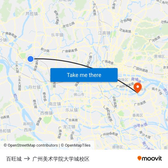 百旺城 to 广州美术学院大学城校区 map