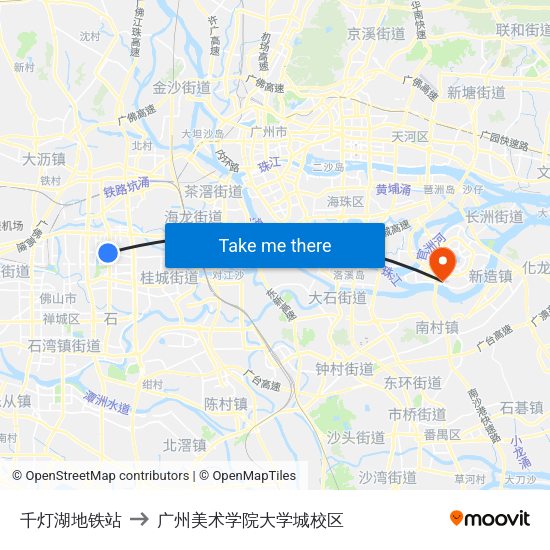 千灯湖地铁站 to 广州美术学院大学城校区 map