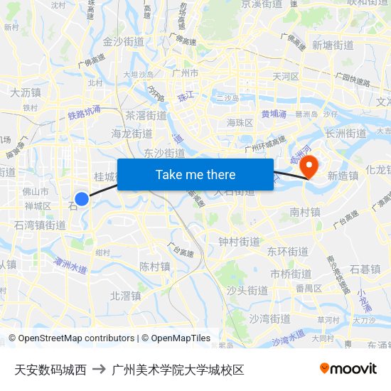 天安数码城西 to 广州美术学院大学城校区 map