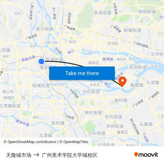 天隆城市场 to 广州美术学院大学城校区 map