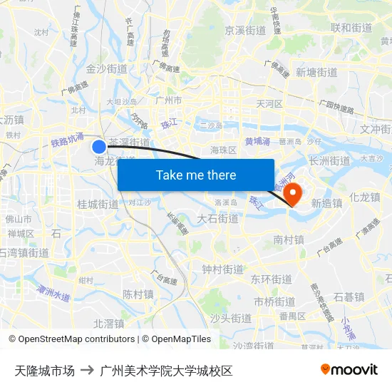 天隆城市场 to 广州美术学院大学城校区 map