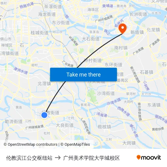 伦教滨江公交枢纽站 to 广州美术学院大学城校区 map