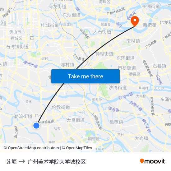莲塘 to 广州美术学院大学城校区 map
