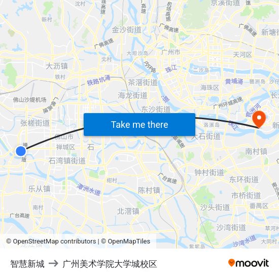 智慧新城 to 广州美术学院大学城校区 map