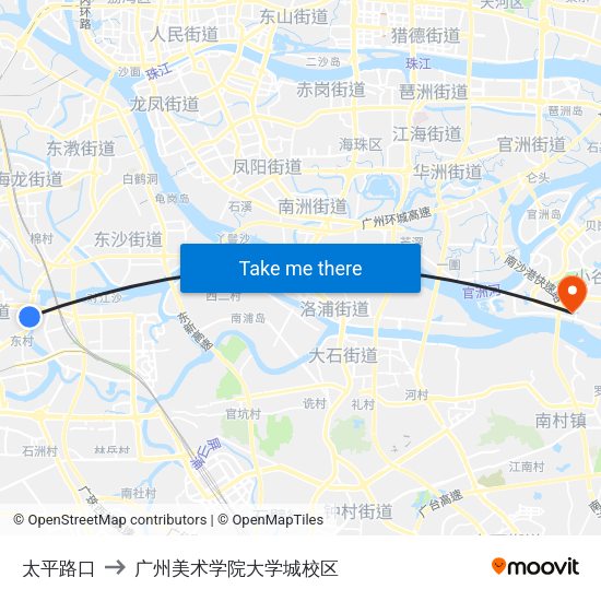 太平路口 to 广州美术学院大学城校区 map