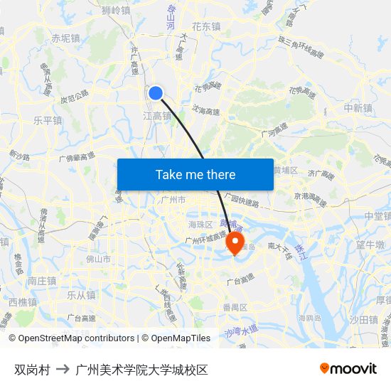 双岗村 to 广州美术学院大学城校区 map