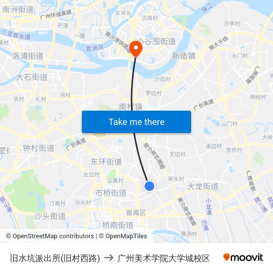 旧水坑派出所(旧村西路) to 广州美术学院大学城校区 map
