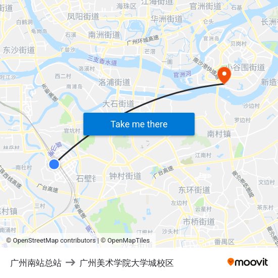 广州南站总站 to 广州美术学院大学城校区 map