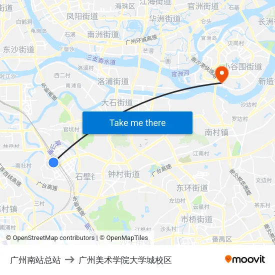 广州南站总站 to 广州美术学院大学城校区 map