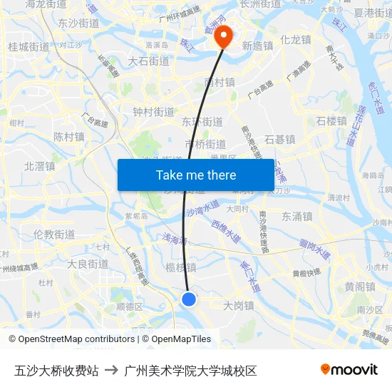 五沙大桥收费站 to 广州美术学院大学城校区 map