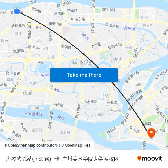 海琴湾总站(下渡路) to 广州美术学院大学城校区 map