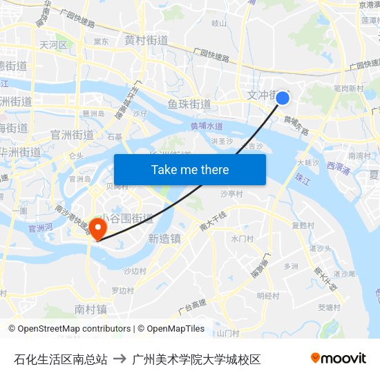 石化生活区南总站 to 广州美术学院大学城校区 map