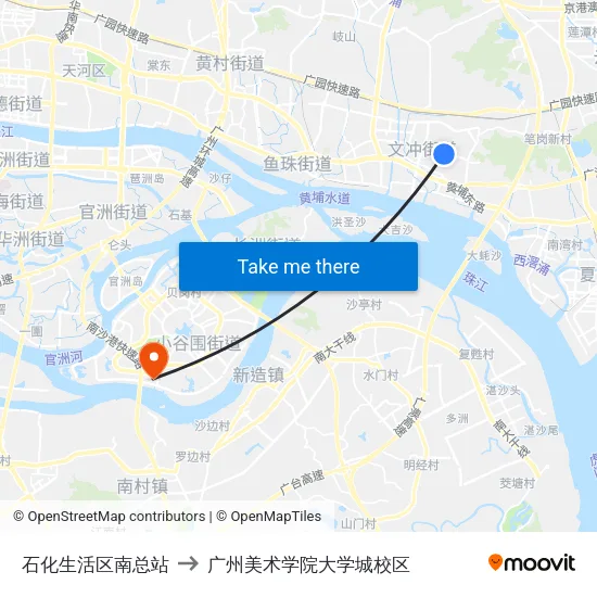 石化生活区南总站 to 广州美术学院大学城校区 map
