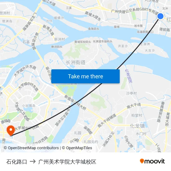 石化路口 to 广州美术学院大学城校区 map