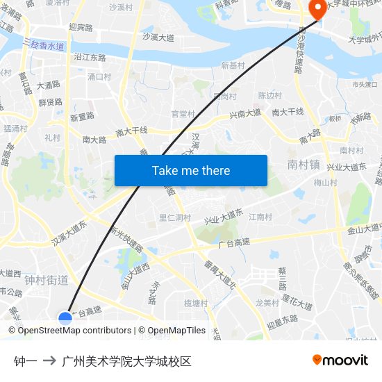 钟一 to 广州美术学院大学城校区 map