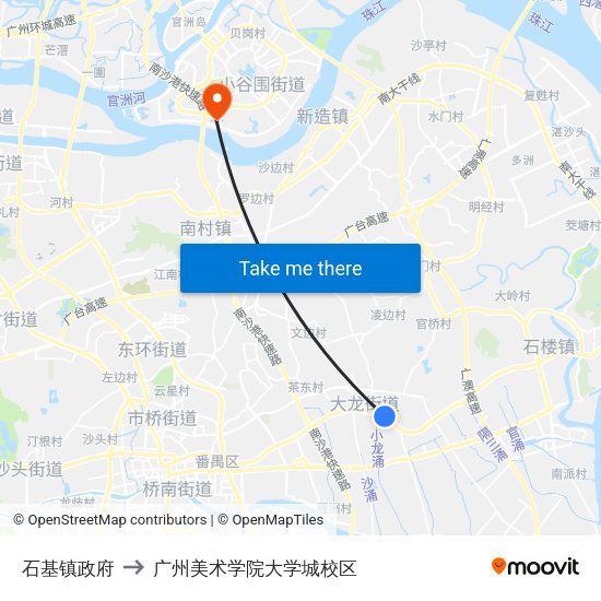石基镇政府 to 广州美术学院大学城校区 map
